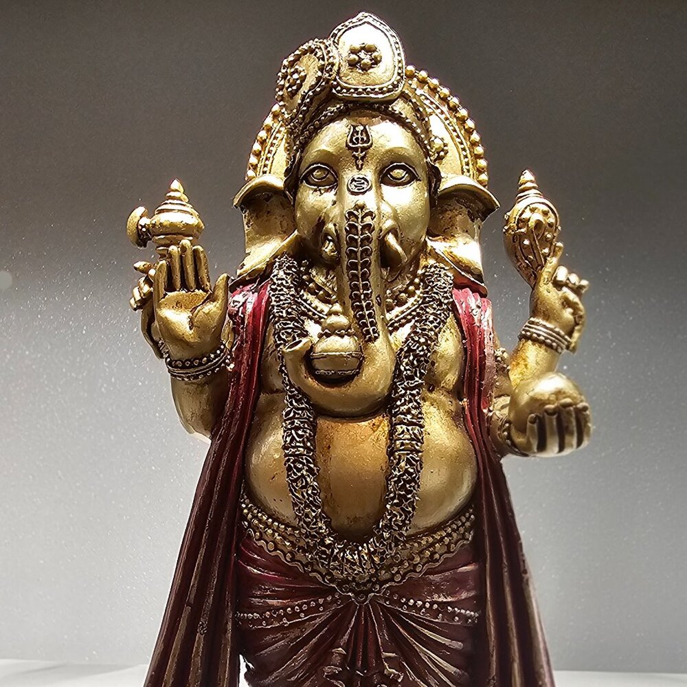 Golden Ganesha Standing Hindu God Statue - Red & Gold Finish